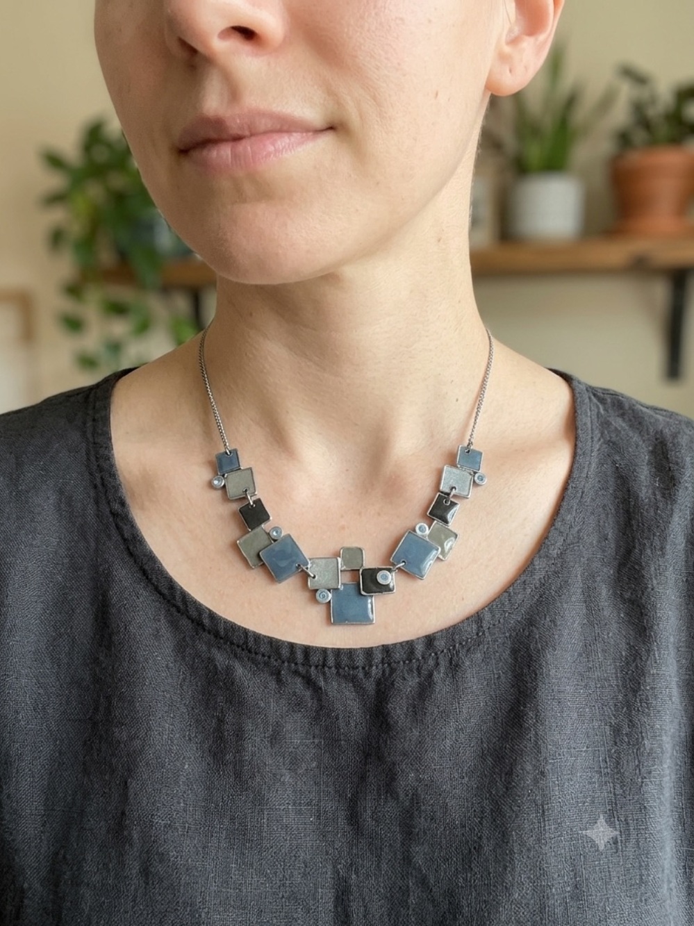 NES Montreal Blue/Black/Silver Tone Tile-Necklace with Blue Rhinestones